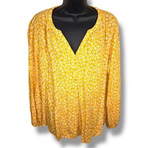 Large Old Navy Yellow Floral Peasant Top Long Sleeve Henley Neckline Lightweight
